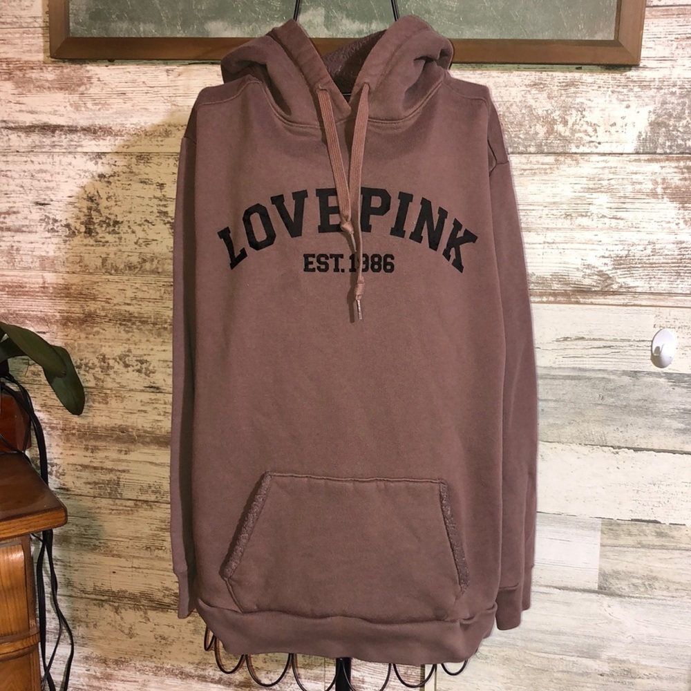 Victoria's Secret Pink Brown Sherpa Logo Everyday Pullover Hoodie size small​​ - Picture 2 of 9